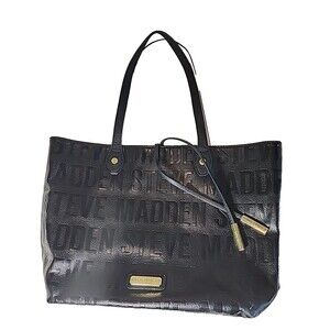 STEVE MADDEN Handbag Purse Black Gold tote Faux Leather Snap‎ Large Bag Bucket